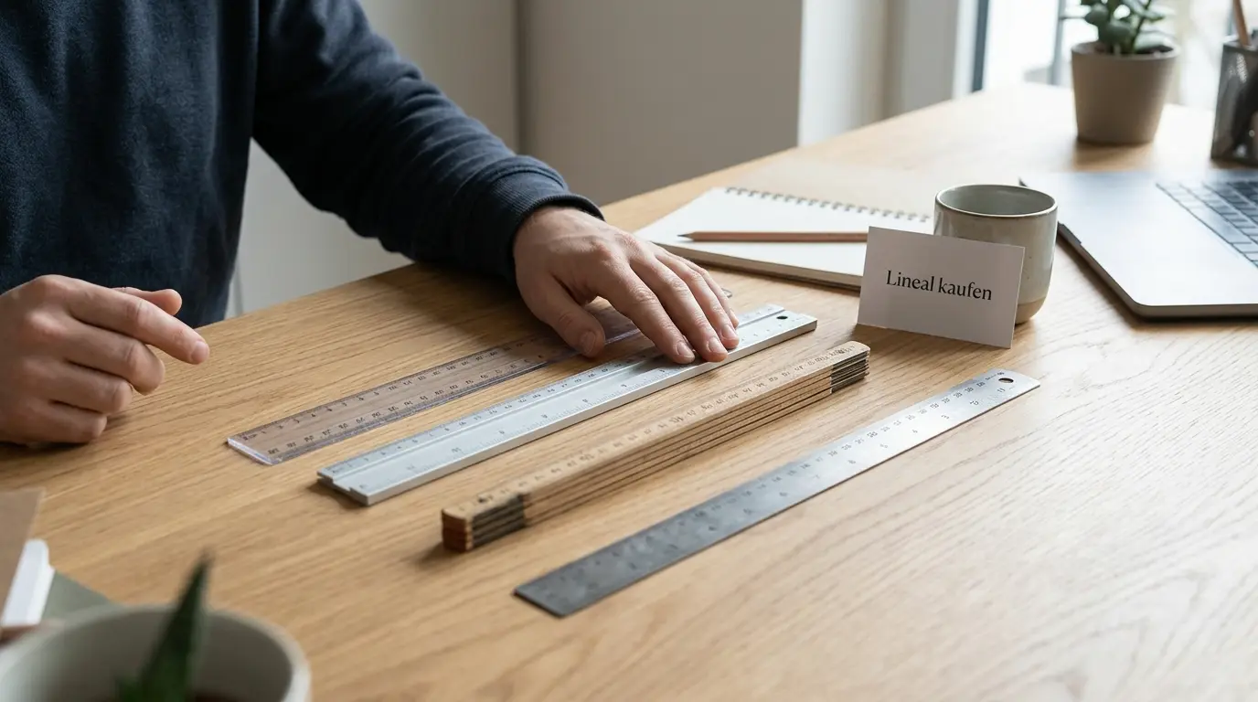 Lineal kaufen: Person vergleicht verschiedene Lineale auf einem Schreibtisch