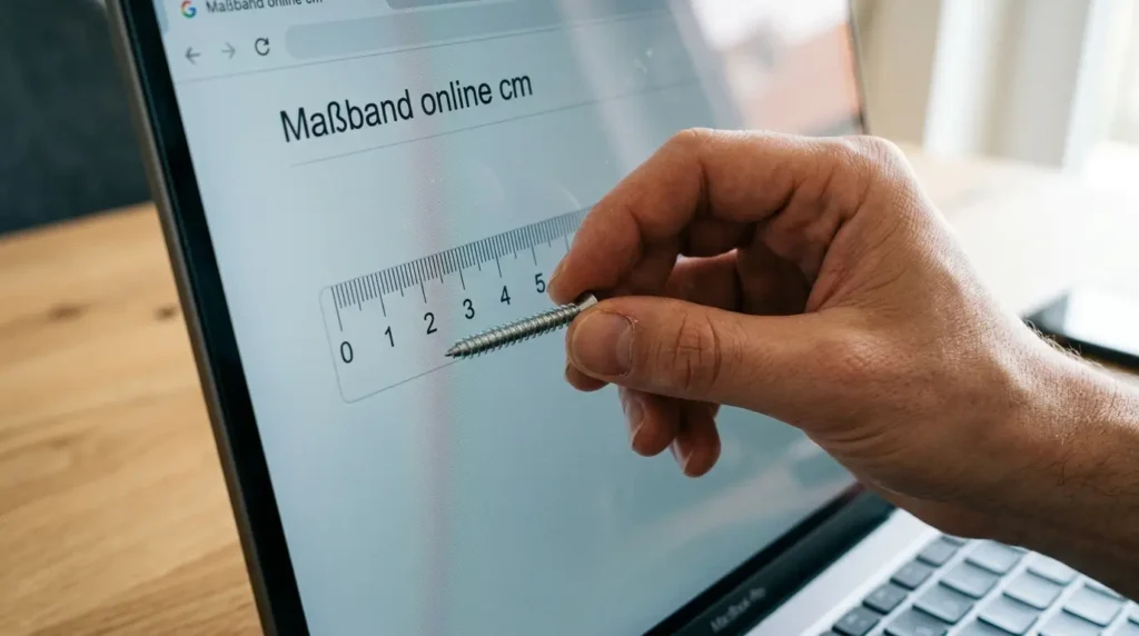Maßband online cm zum Messen einer Schraube am Laptop