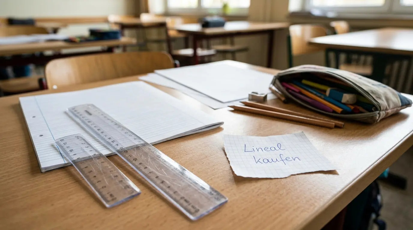 Lineal kaufen: Transparentes Lineal mit Schulmaterial auf einem Schreibtisch