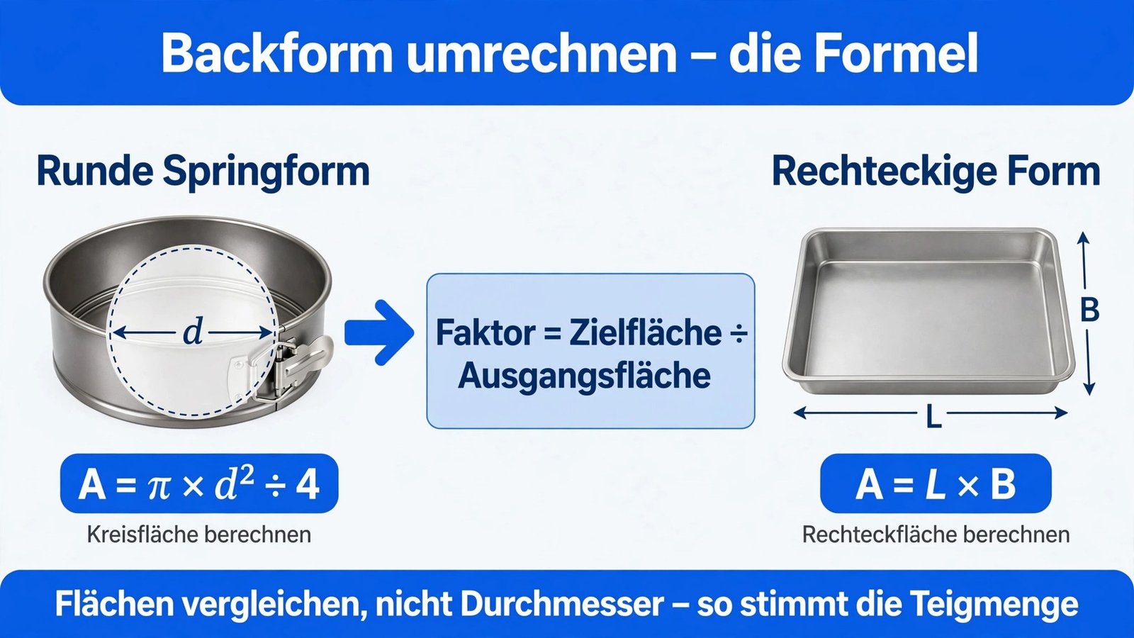 Backform umrechnen mit der Flächenformel: rund A = π × d² ÷ 4, eckig A = L × B