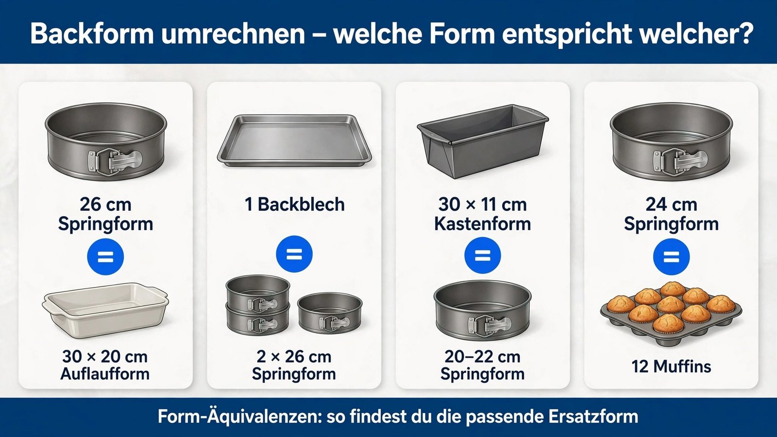 Backform umrechnen: Form-Äquivalenzen – 26 cm Springform, Backblech, Kastenform und Muffins im Vergleich