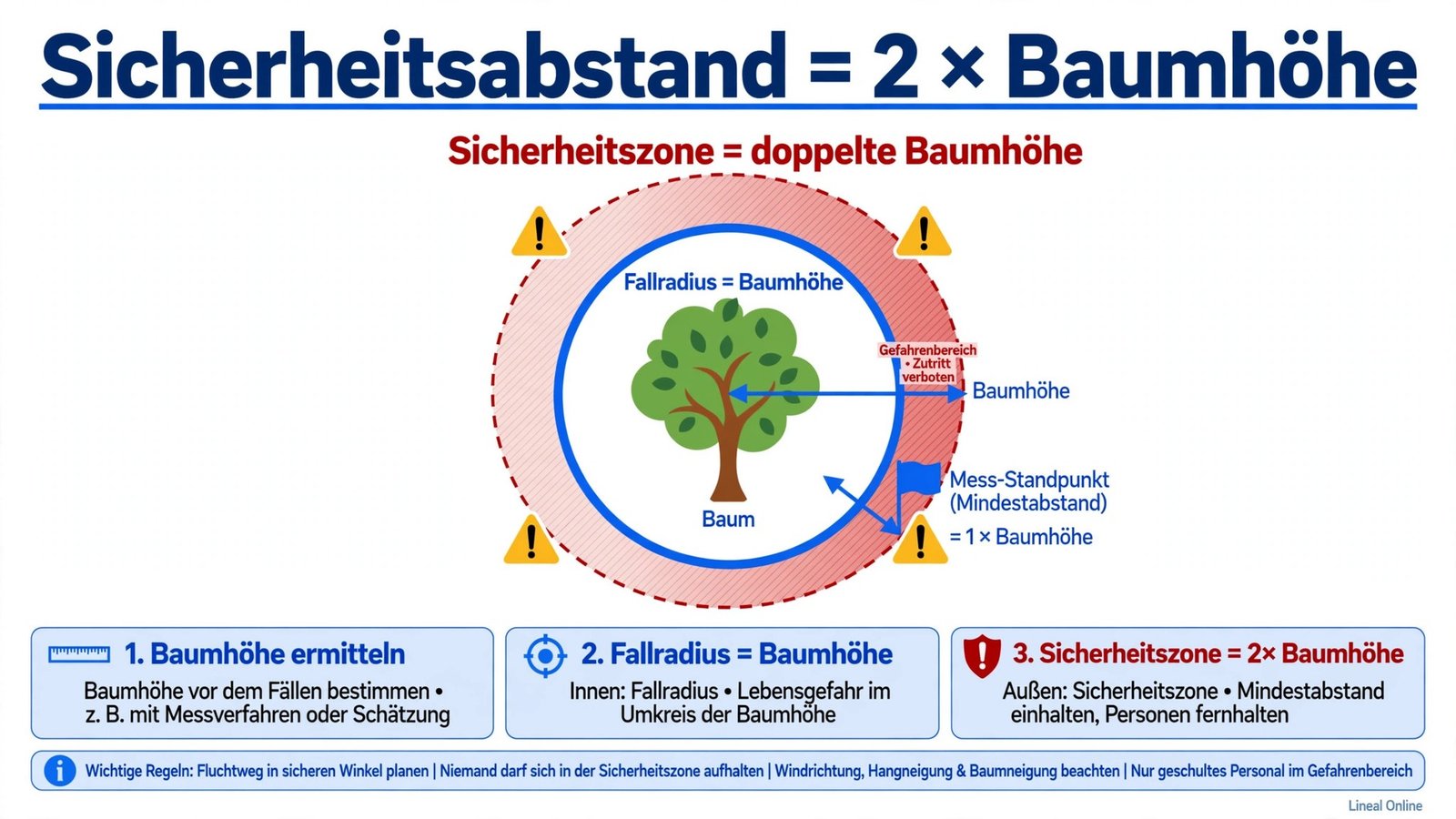 Diagramm Sicherheitsabstand beim Baumfällen: Gefahrenbereich doppelte Baumhöhe, Mess-Standpunkt markiert den Mindestabstand