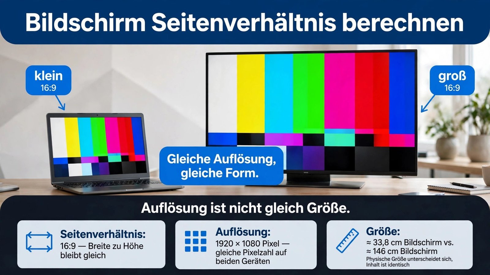 Beim Bildschirm Seitenverhältnis berechnen gilt: Gleiche Auflösung 1920×1080 bedeutet gleiche Form 16:9, aber nicht gleiche Größe