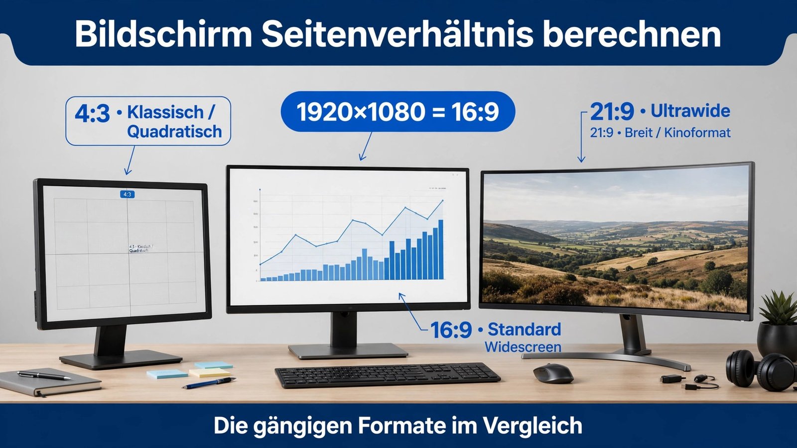Drei Bildschirme im Vergleich: So sieht man beim Bildschirm Seitenverhältnis berechnen den Unterschied zwischen 4:3, 16:9 und 21:9