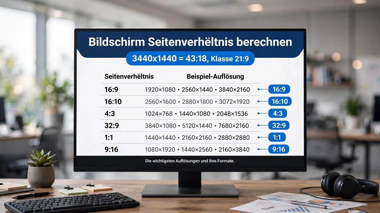 Tabelle zum Bildschirm Seitenverhältnis berechnen: Welche Auflösung gehört zu 16:9, 16:10, 4:3, 32:9, 1:1 oder 9:16