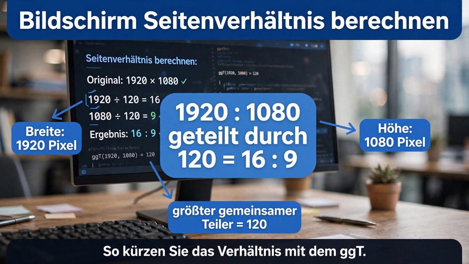 Rechenbeispiel: Beim Bildschirm Seitenverhältnis berechnen wird 1920:1080 durch den ggT 120 zu 16:9 gekürzt