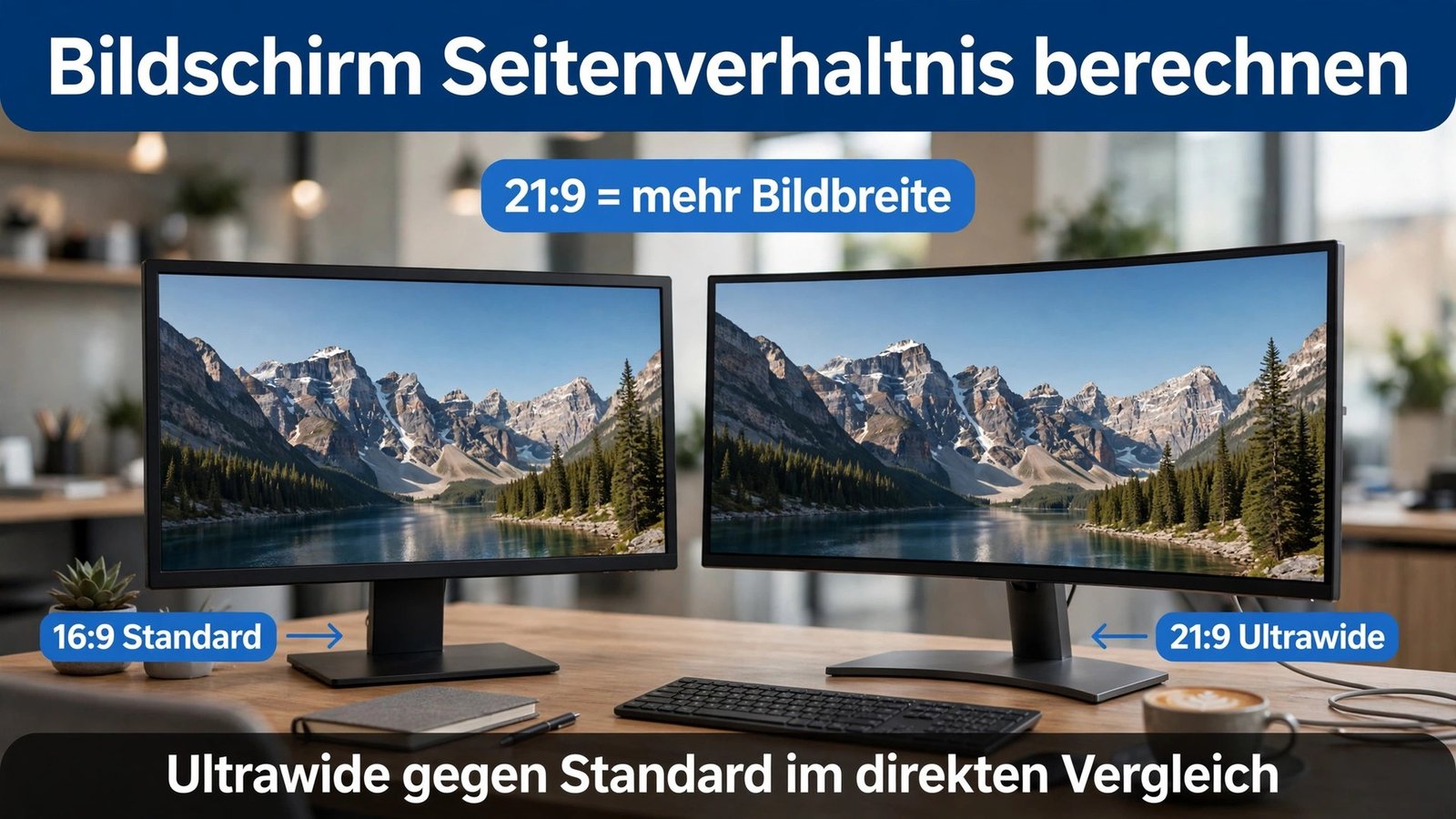 Vergleich beim Bildschirm Seitenverhältnis berechnen: 21:9-Ultrawide bietet deutlich mehr Bildbreite als Standard 16:9