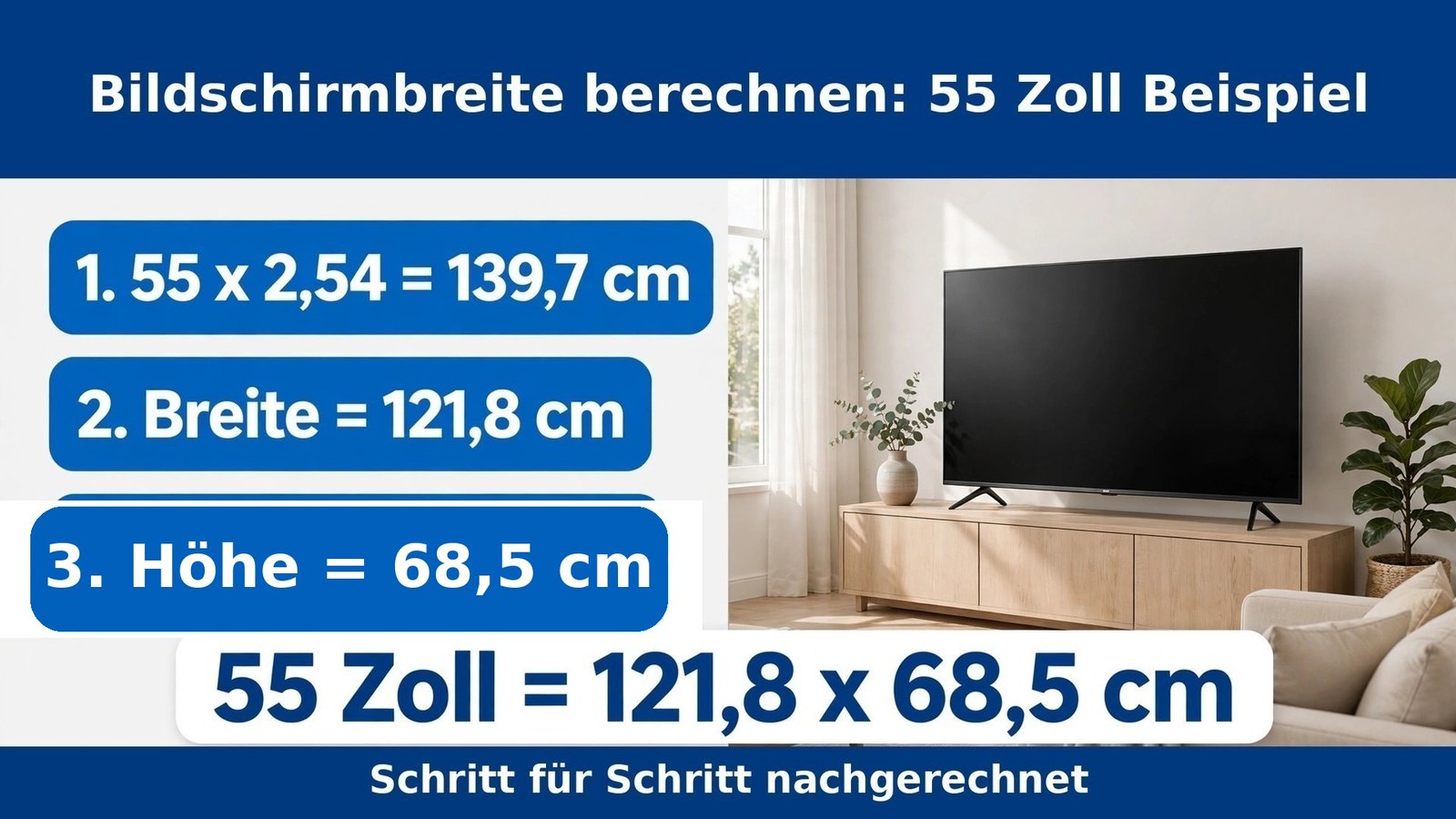 Bildschirmbreite berechnen am Beispiel: 55 Zoll Fernseher sind 121,8 × 68,5 cm – Rechenschritte