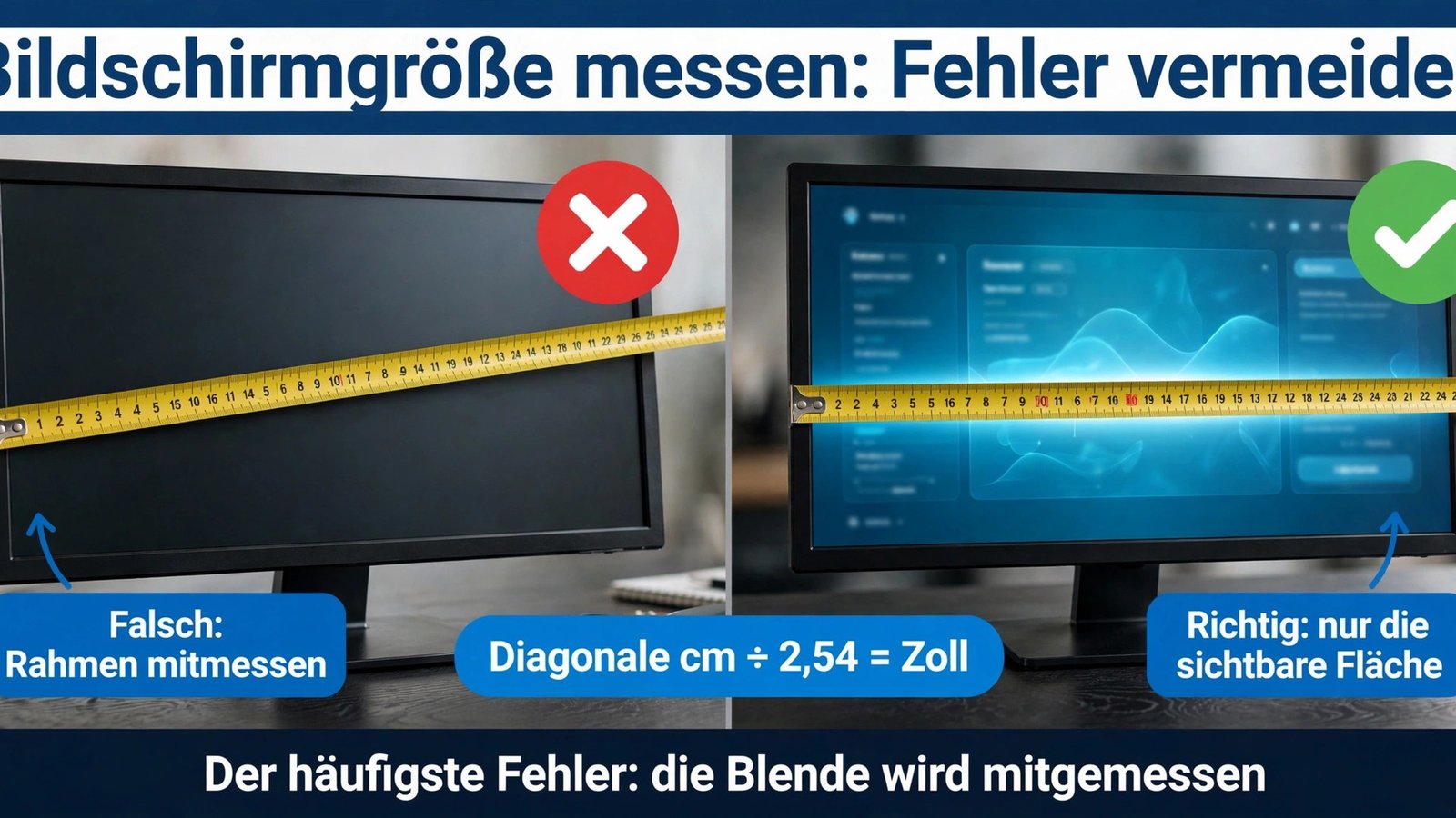 Falsch-und-richtig-Vergleich zum Bildschirmgröße messen: links falsche Messung über den Rahmen, rechts korrekte Messung nur der sichtbaren Fläche