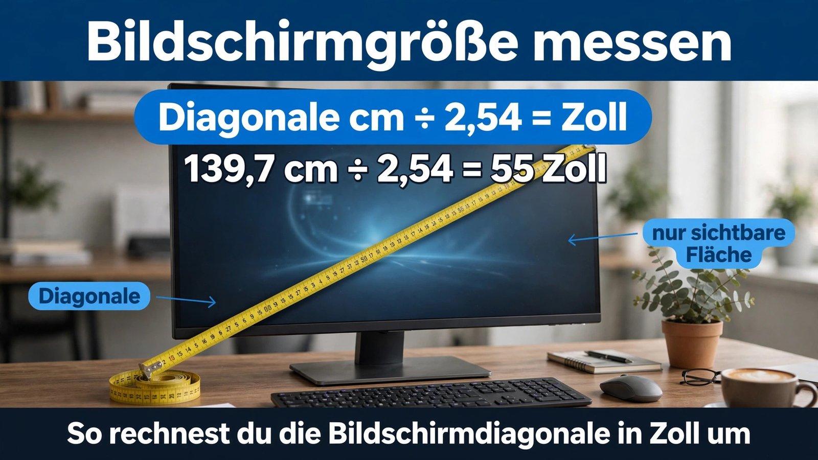 Infografik zur Formel beim Bildschirmgröße messen: Maßband diagonal über einen Monitor, Diagonale cm ÷ 2,54 = Zoll, Beispiel 139,7 cm = 55 Zoll
