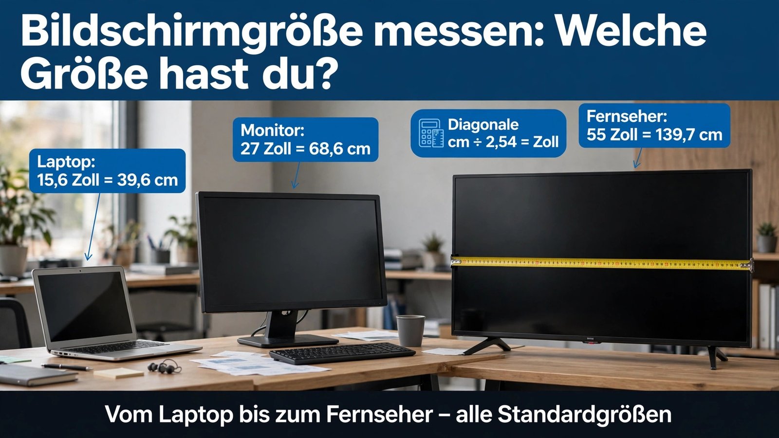 Größenvergleich zum Bildschirmgröße messen: Laptop 15,6 Zoll = 39,6 cm, Monitor 27 Zoll = 68,6 cm, Fernseher 55 Zoll = 139,7 cm