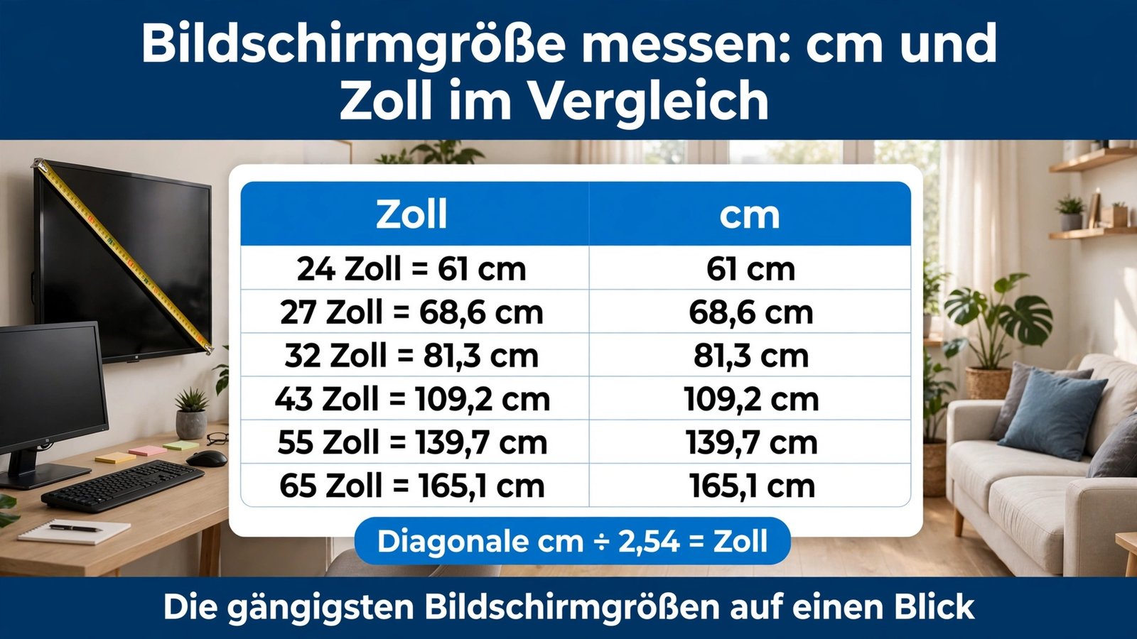 Vergleichstabelle zum Bildschirmgröße messen: 24 Zoll = 61 cm, 27 Zoll = 68,6 cm, 32 Zoll = 81,3 cm, 43 Zoll = 109,2 cm, 55 Zoll = 139,7 cm, 65 Zoll = 165,1 cm