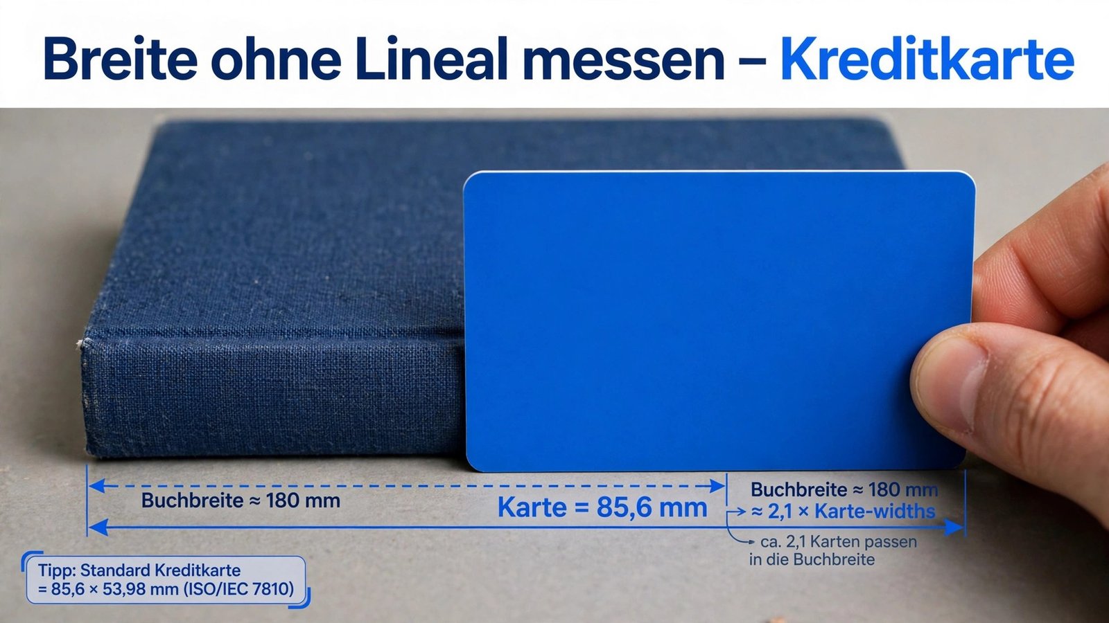 Breite ohne Lineal messen – Kreditkarte mit 85,6 mm als Mini-Lineal an einer Kante