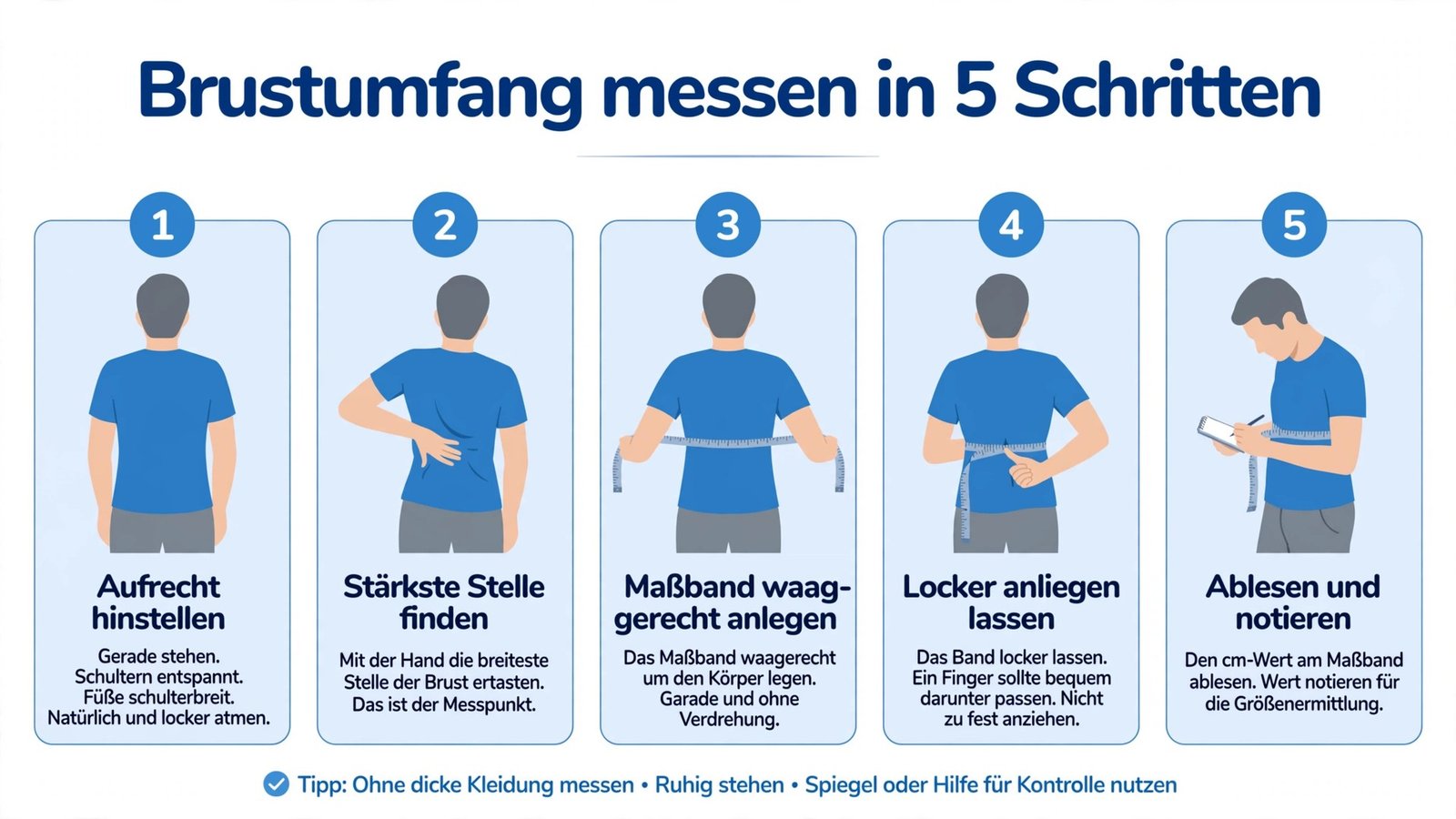 Schritt-für-Schritt-Anleitung zum Brustumfang messen: aufrecht hinstellen, stärkste Stelle finden, Maßband waagerecht anlegen