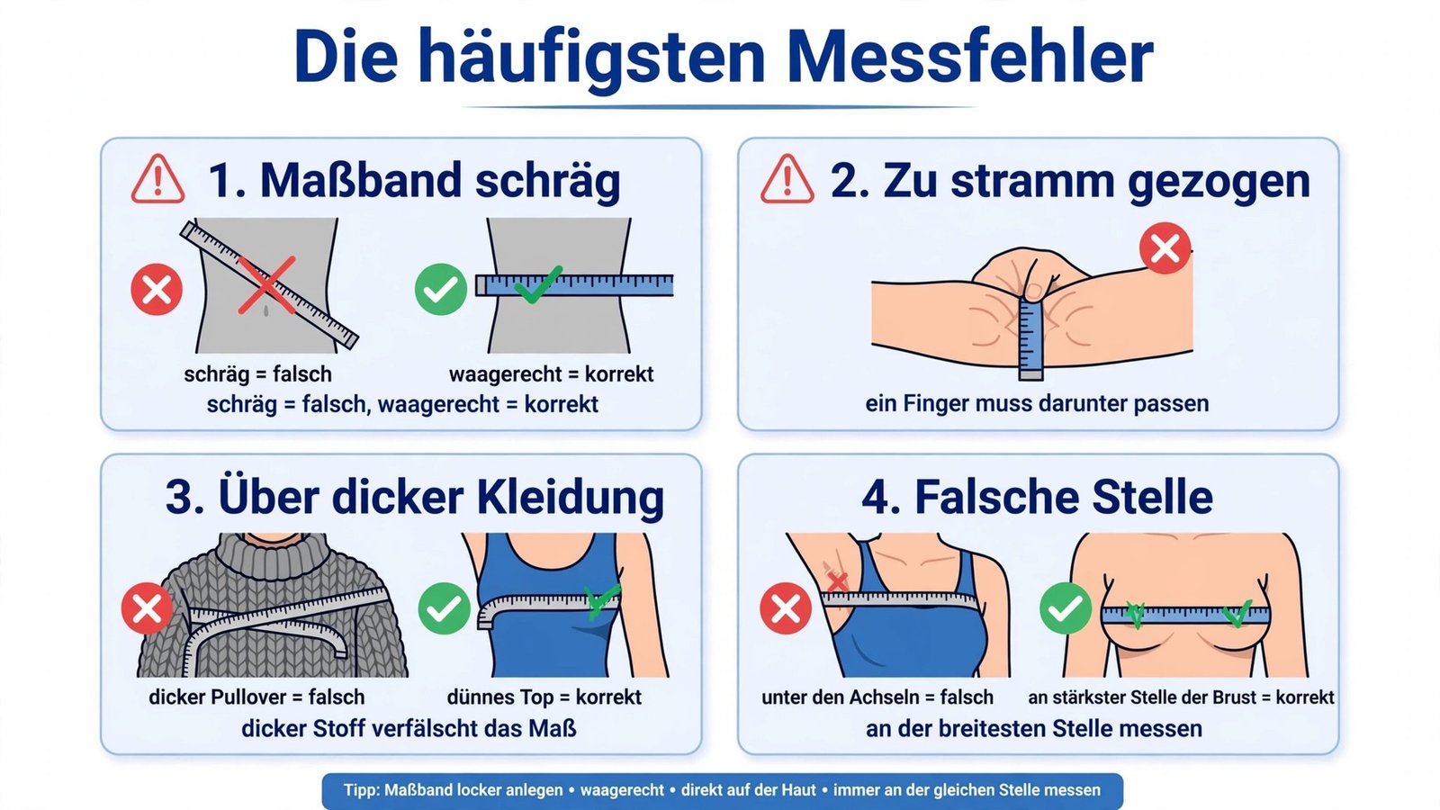 Die häufigsten Fehler beim Brustumfang messen: Maßband schräg, zu stramm gezogen, über dicker Kleidung, falsche Stelle
