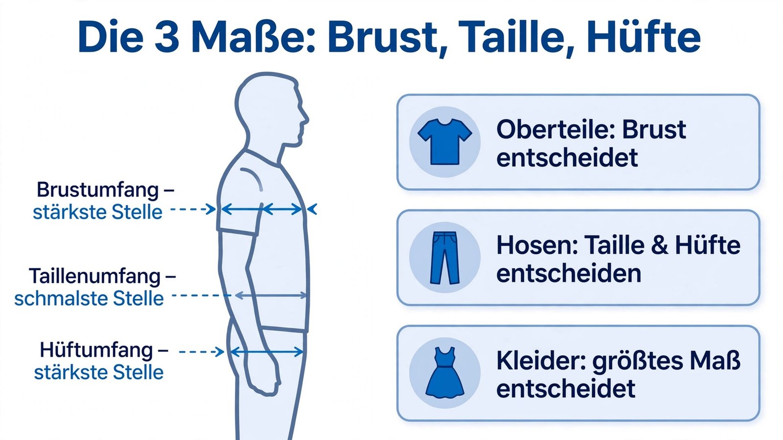 Messpunkte der drei Körpermaße: Brustumfang an stärkster Stelle, Taillenumfang an schmalster Stelle, Hüftumfang an stärkster Stelle