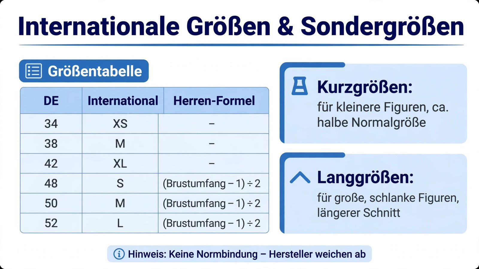 Internationale Kleidergrößen und Sondergrößen erklärt: Herren-Formel (Brustumfang minus 1) durch 2, Kurzgrößen und Langgrößen