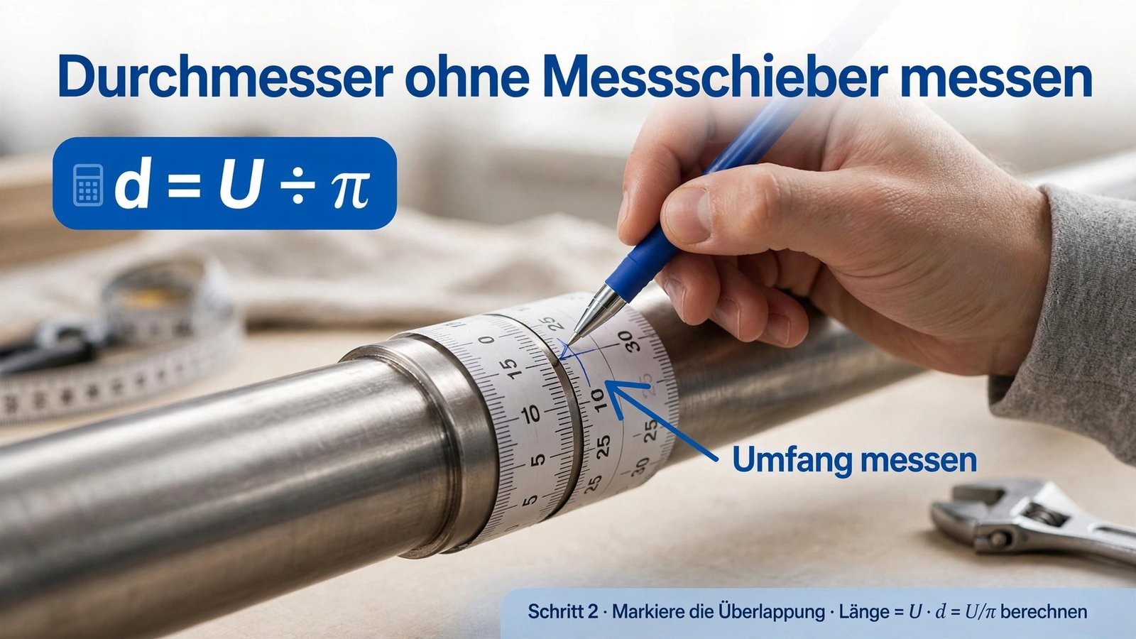 Durchmesser ohne Messschieber messen: Schnur um ein Rohr gelegt, Formel d = U ÷ π