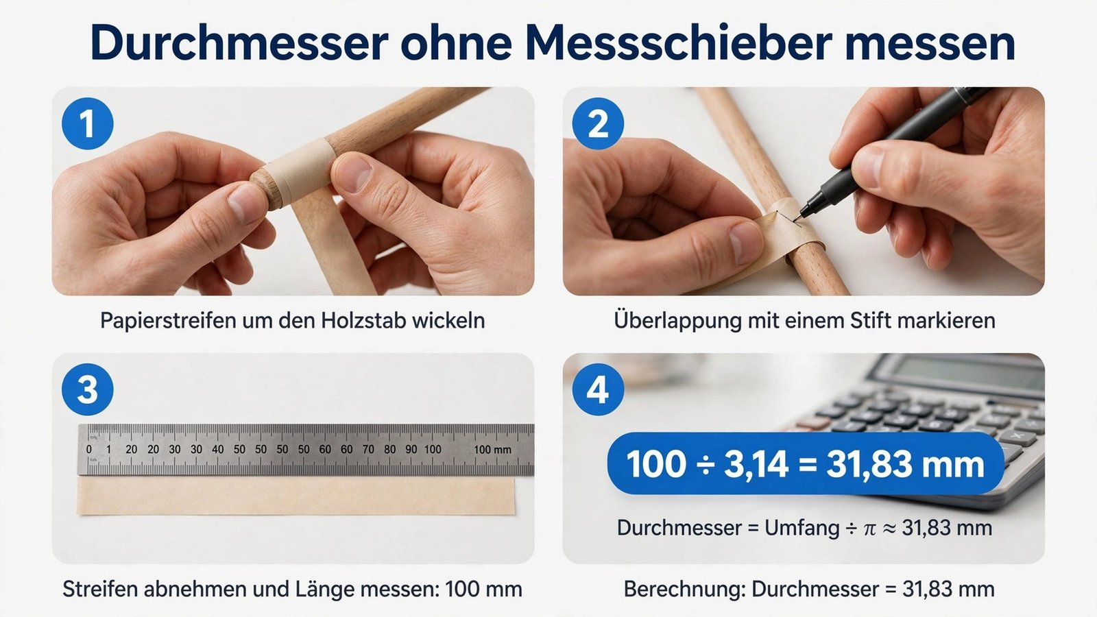 Anleitung: Durchmesser ohne Messschieber messen in 4 Schritten mit Schnur und Lineal