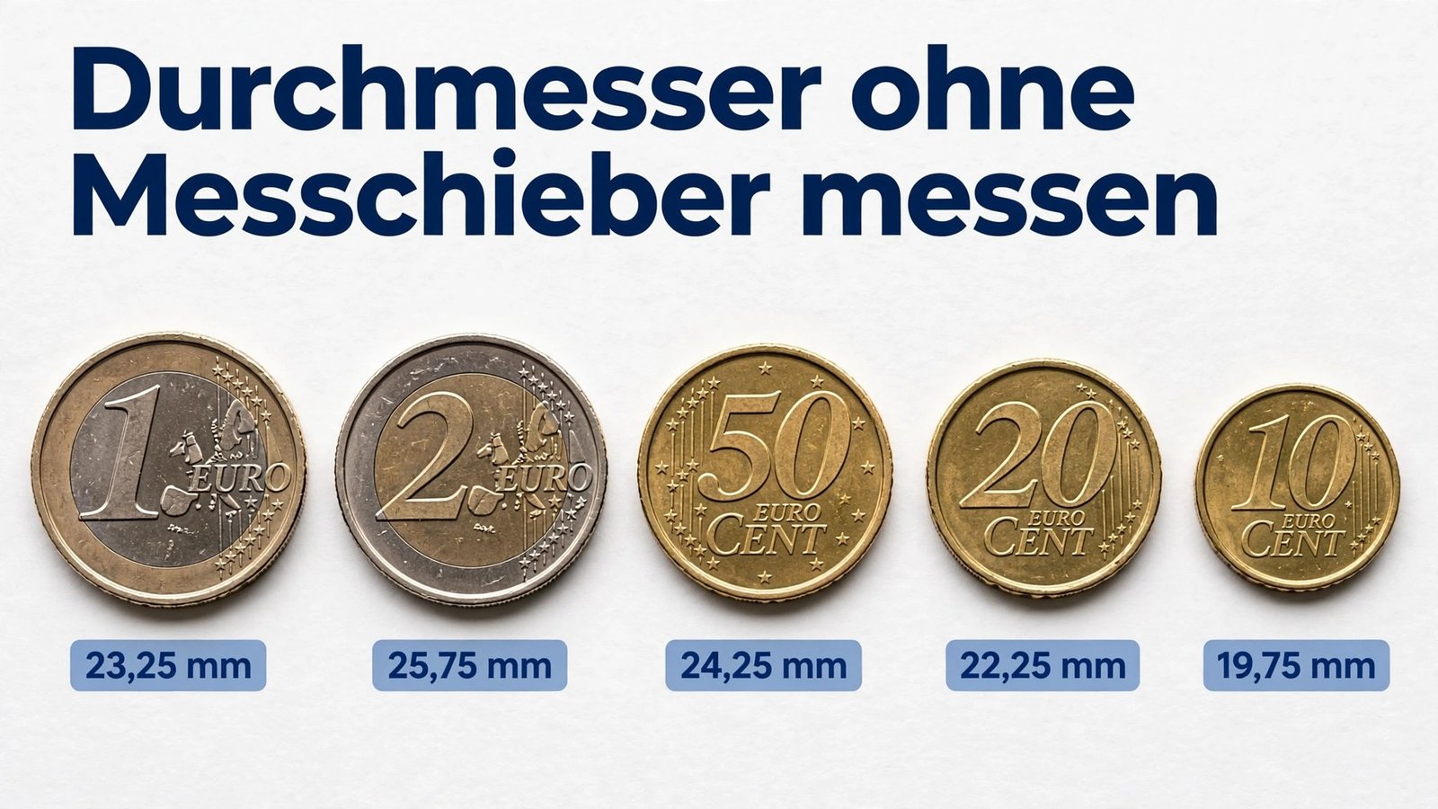 Euro-Münzen als Referenz: Durchmesser von 1 Euro, 2 Euro und 50 Cent im Vergleich