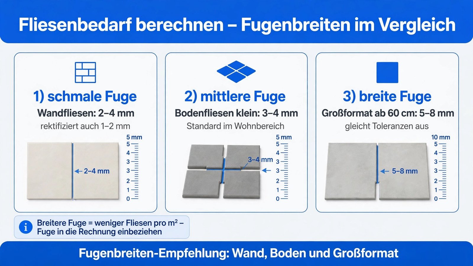 Fliesenbedarf berechnen: Fugenbreiten-Vergleich – Wandfliesen 2–4 mm, Bodenfliesen 3–4 mm, Großformat 5–8 mm