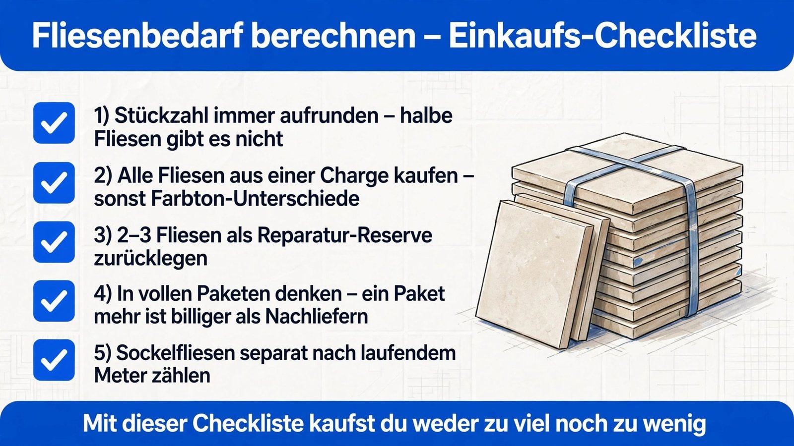 Fliesenbedarf berechnen: Einkaufs-Checkliste – aufrunden, eine Charge, Reserve, Pakete, Sockel
