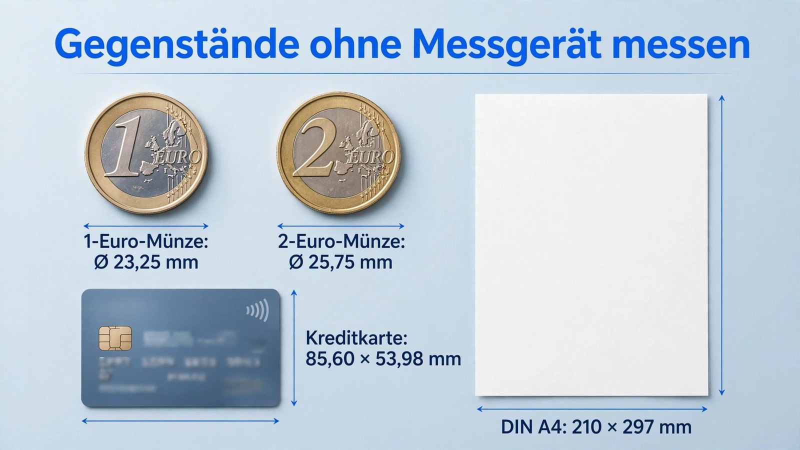 Gegenstände ohne Messgerät messen – Referenztabelle mit Euro-Münzen, Kreditkarte und DIN-A4-Blatt mit exakten Maßen