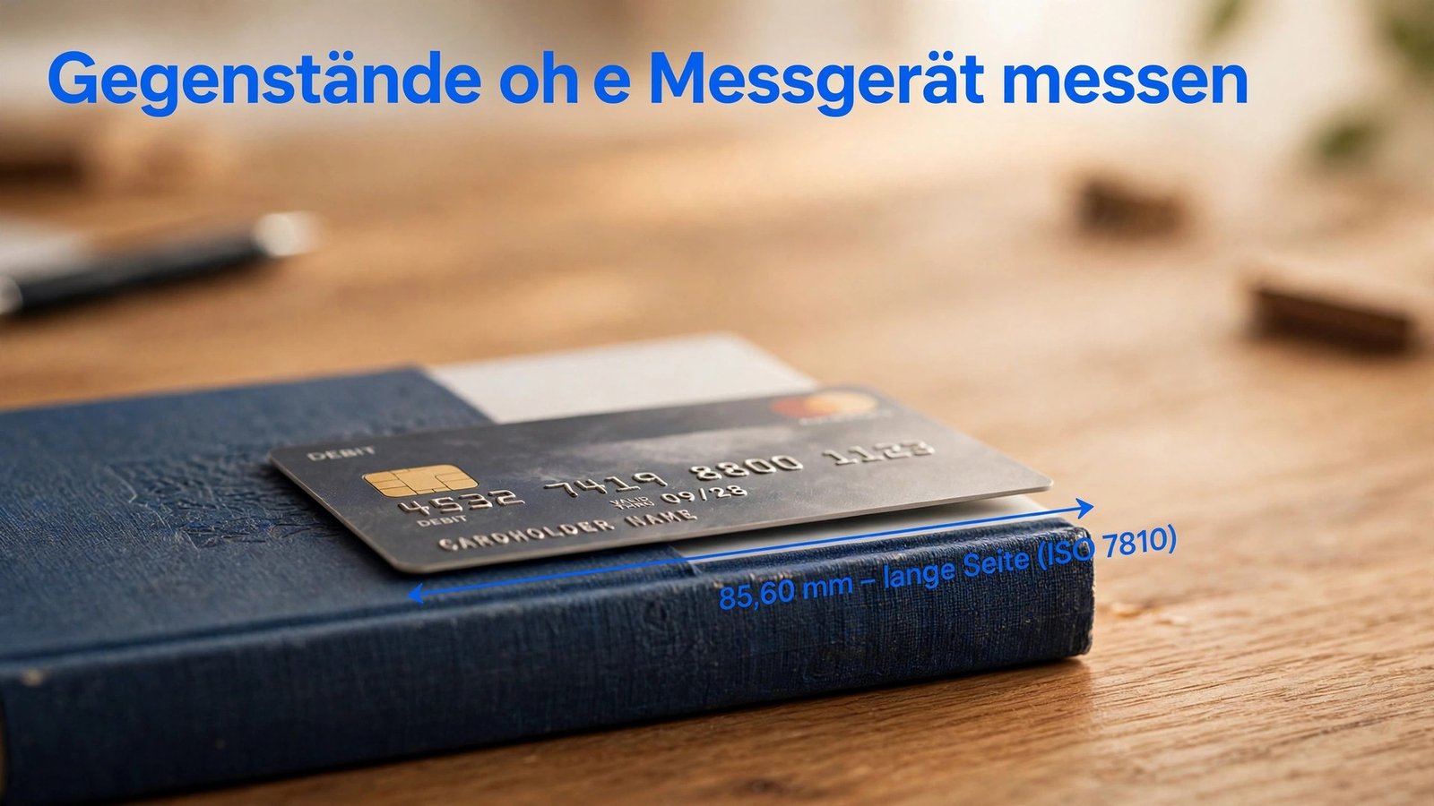 Mit Kreditkarte messen – 85,60 mm lange Seite als Lineal-Ersatz an einem Buch angelegt