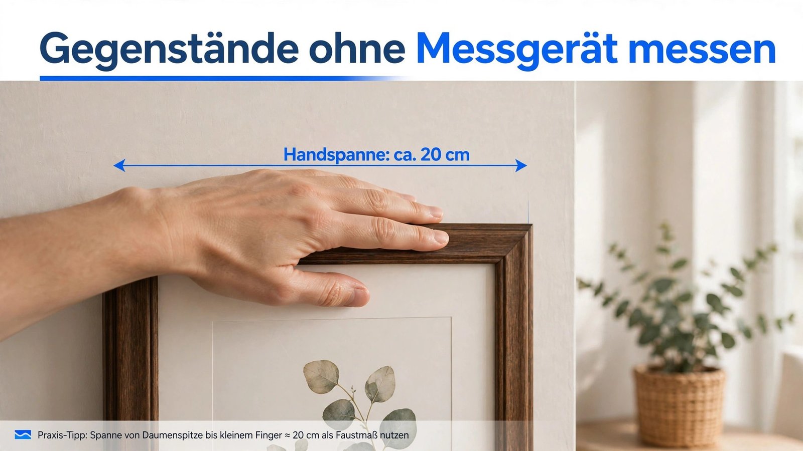 Mit der Handspanne messen – Hand an einem Bilderrahmen mit 20-cm-Markierung