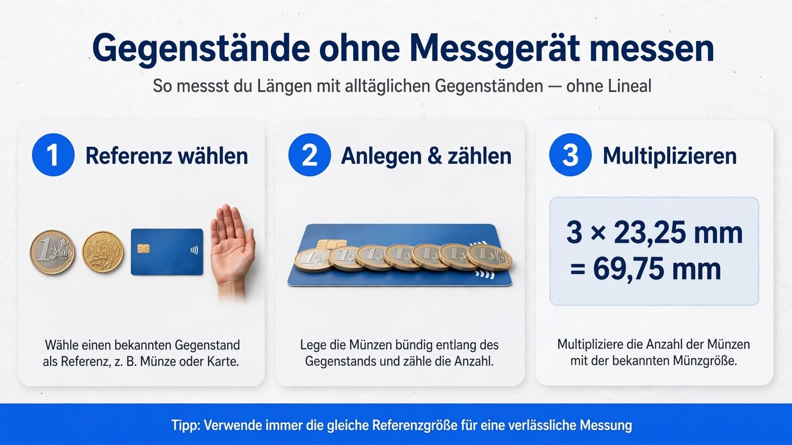 3-Schritte-Methode: Referenz wählen, anlegen und zählen, multiplizieren – Gegenstände ohne Messgerät messen