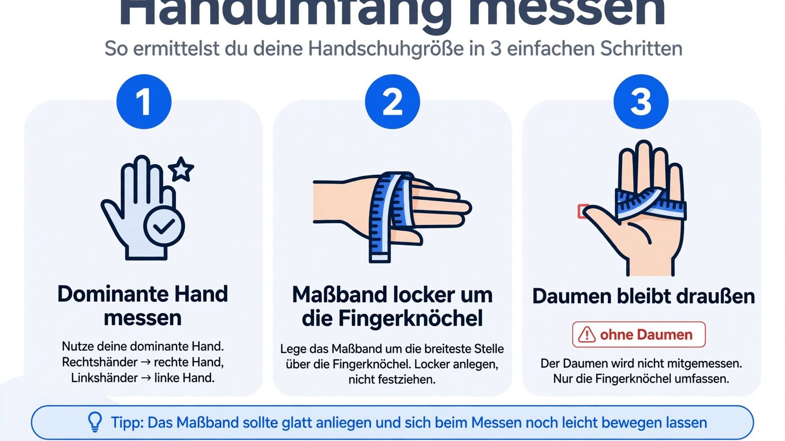 Anleitung zum Handschuhgröße ermitteln: Maßband locker um die Fingerknöchel legen, Daumen nicht mitmessen, dominante Hand messen
