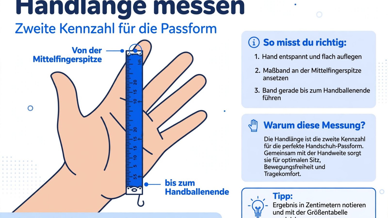 Handlänge messen für die Handschuhgröße: von der Mittelfingerspitze gerade bis zum Ende des Handballens messen