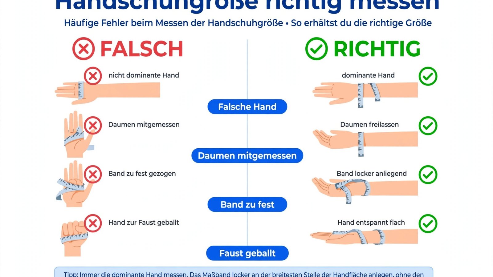 Häufige Fehler beim Handschuhgröße ermitteln im Vergleich: falsche Hand messen, Daumen mitmessen, Maßband zu fest ziehen, Hand zur Faust ballen