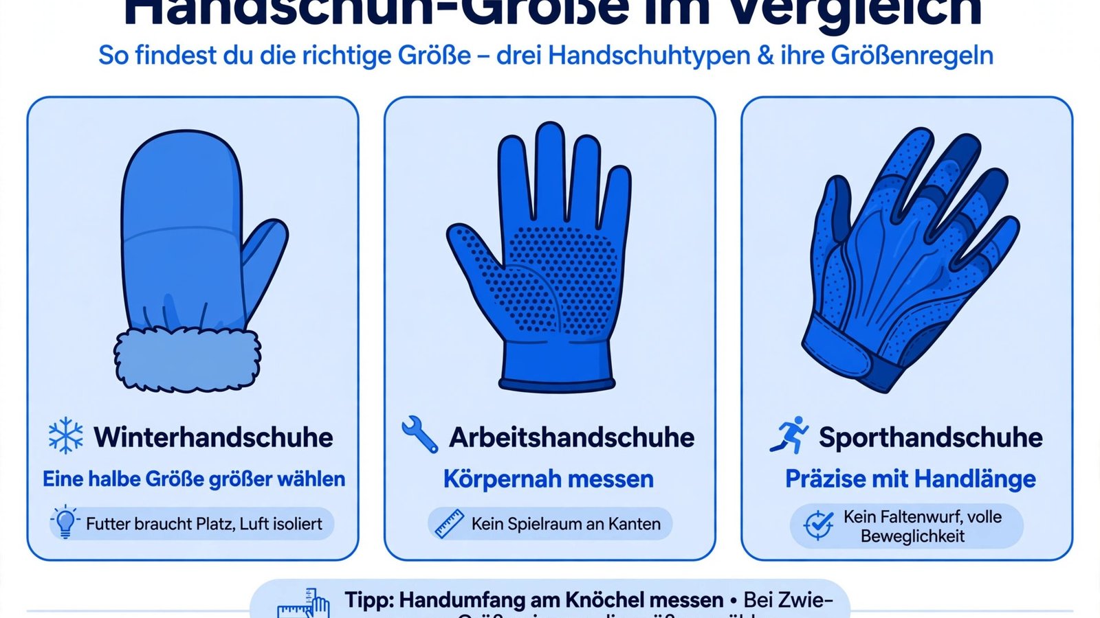 Handschuharten im Vergleich: Winterhandschuhe eine halbe Größe größer wählen, Arbeitshandschuhe körpernah, Sporthandschuhe präzise