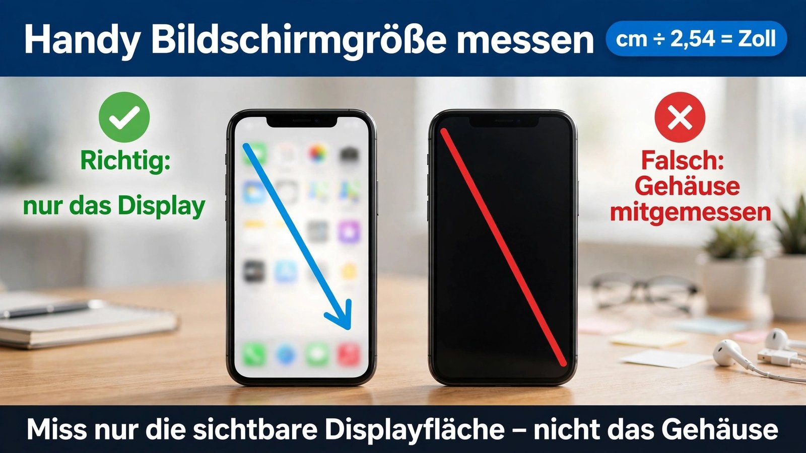 Richtig und falsch beim Handy Bildschirmgröße messen: nur Display, nicht Gehäuse