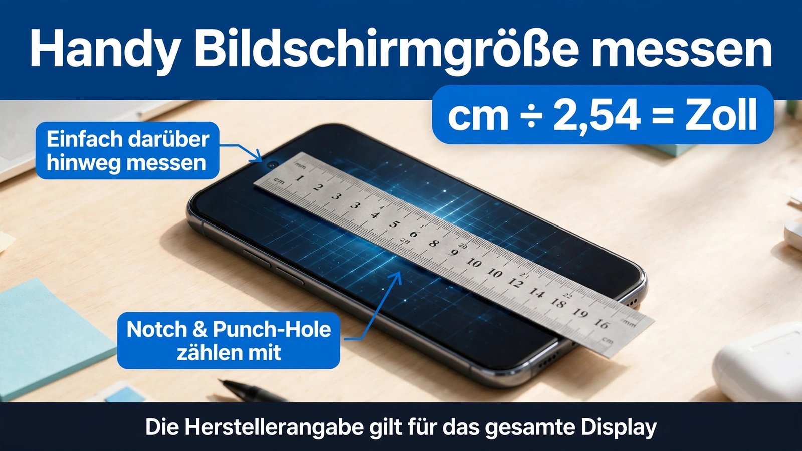Handy Bildschirmgröße messen mit Notch und Punch-Hole: volle Diagonale messen