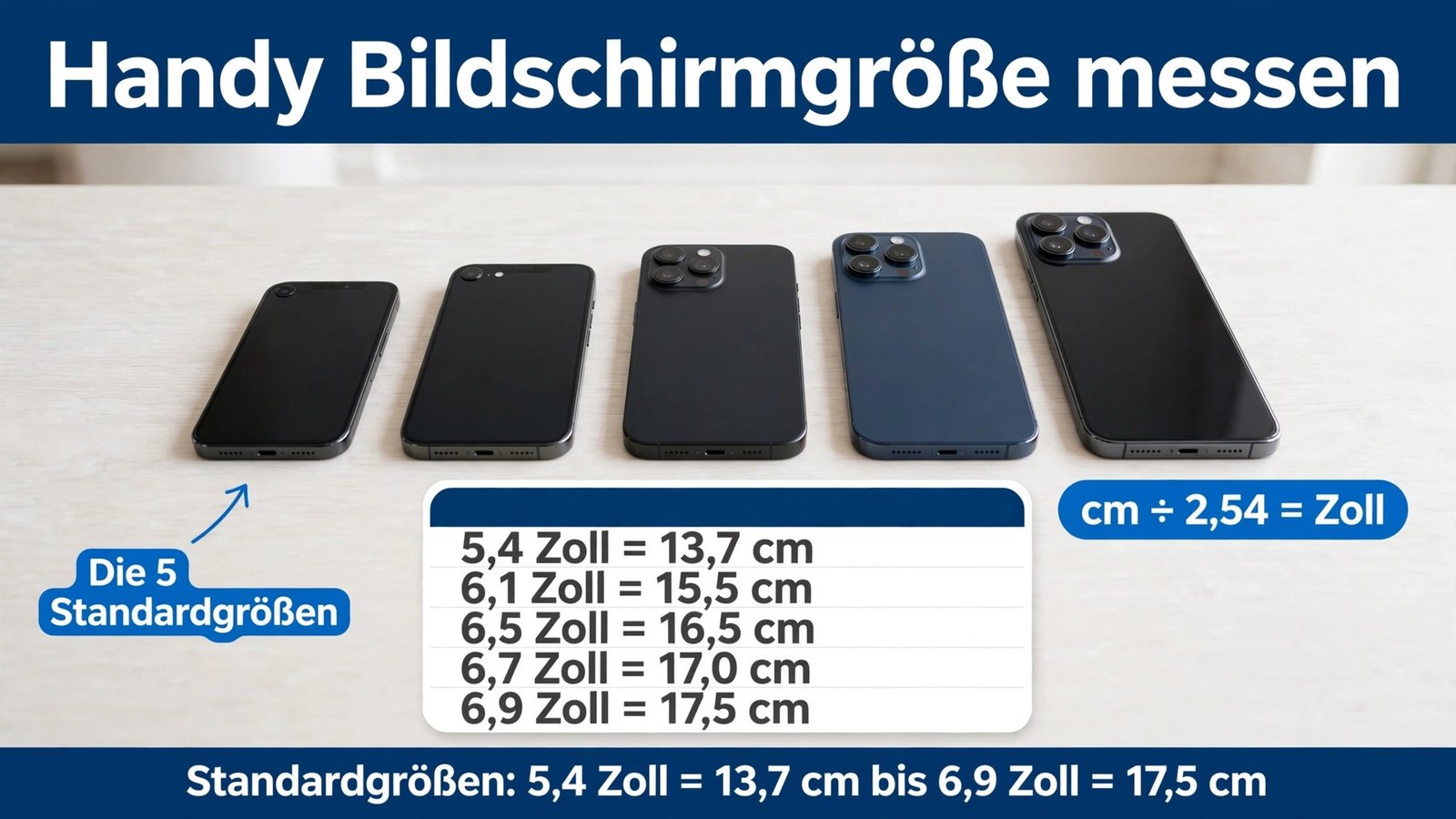 Tabelle der gängigen Handy Bildschirmgrößen von 5,4 bis 6,9 Zoll mit cm-Werten