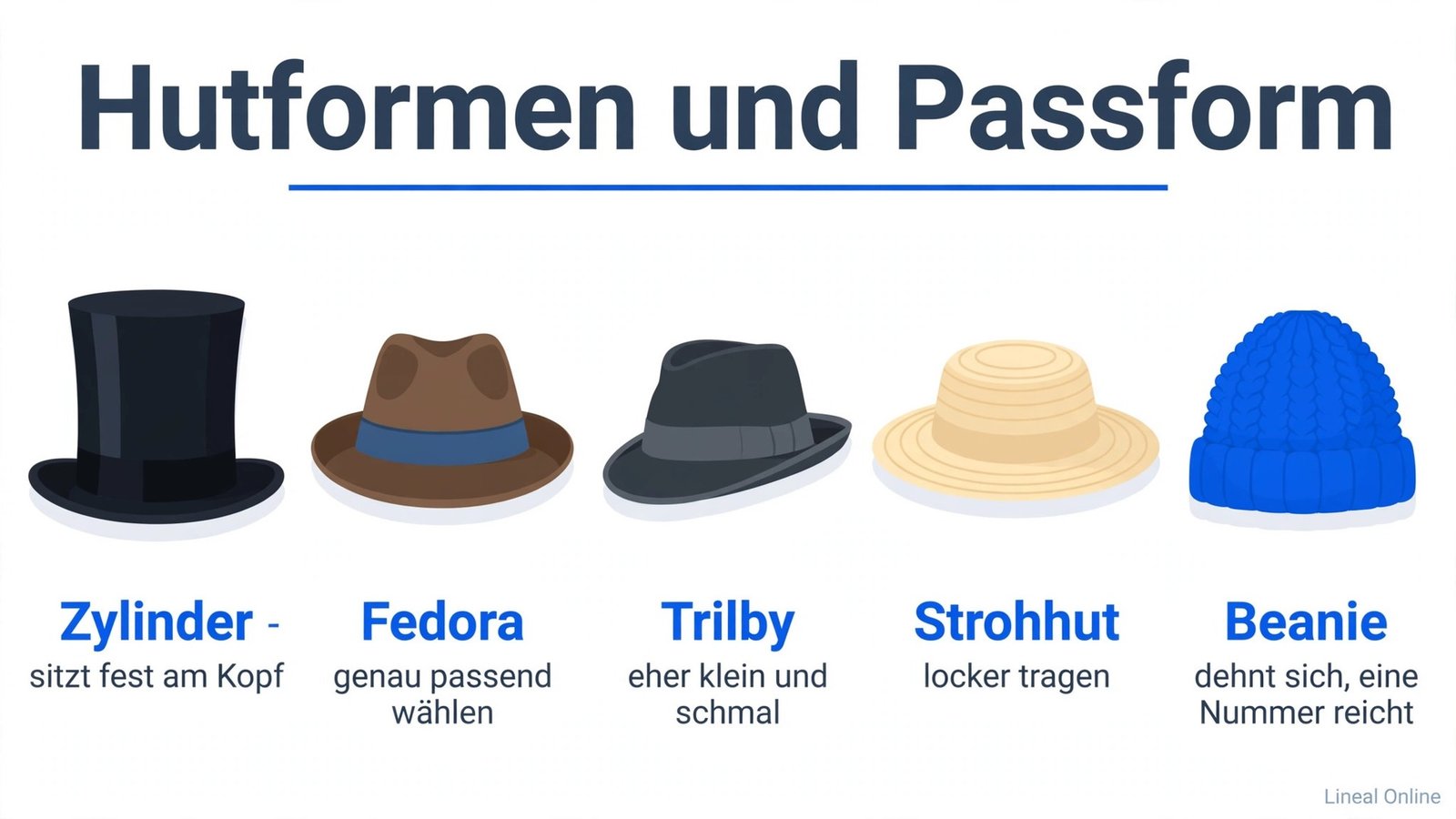 Hutformen im Überblick zum Hutgröße messen: Zylinder, Fedora, Trilby, Strohhut und Beanie mit Hinweisen zur Passform