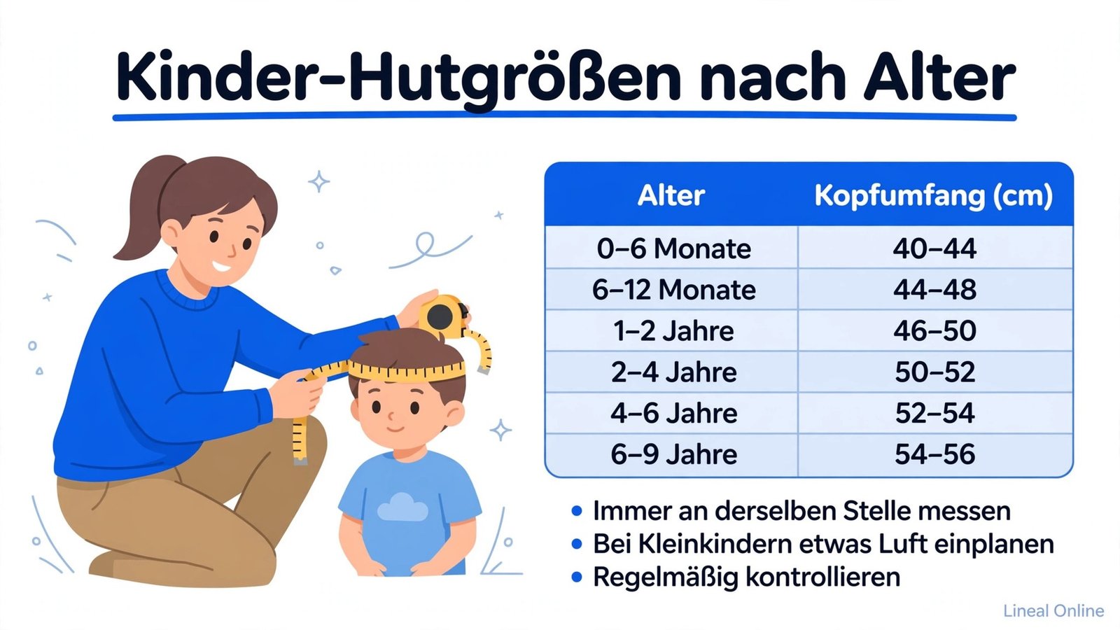 Kinder-Hutgrößen nach Alter: Kopfumfang bei Babys und Kindern messen, Tabelle von 0 bis 9 Jahren