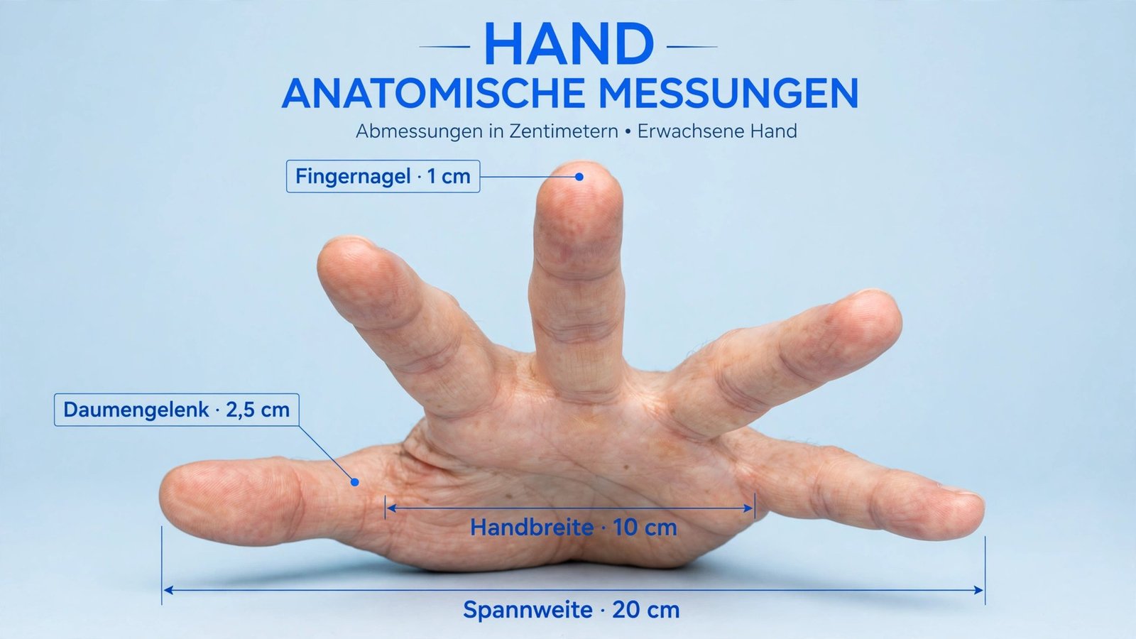 Hand mit eingezeichneten Maßen: Fingernagel 1 cm, Daumenglied 2,5 cm, Handbreite 10 cm, Spanne 20 cm – Länge ohne Lineal messen