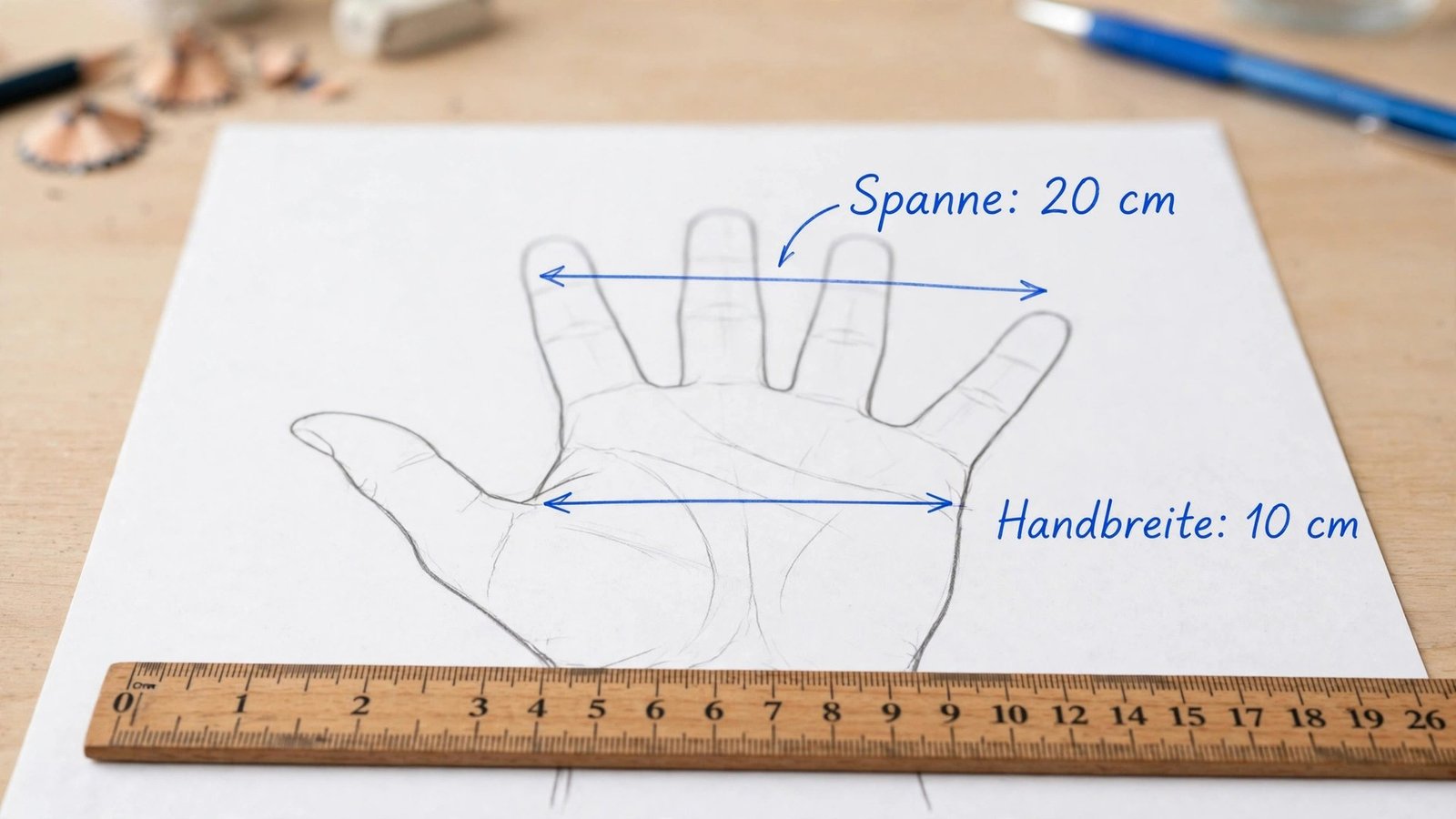 Kalibrierung der Körpermaße: Hand auf Papier nachzeichnen und mit Lineal vermessen – Länge ohne Lineal messen