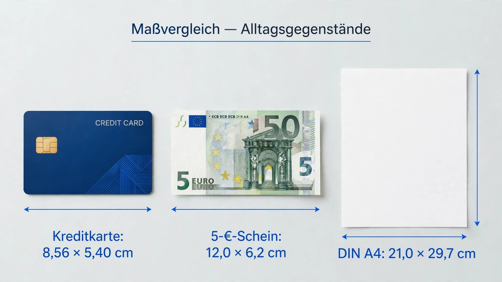 Genormte Referenzmaße: Kreditkarte 8,56 cm, DIN A4 21 × 29,7 cm, 5-Euro-Schein 12 × 6,2 cm – Länge ohne Lineal messen