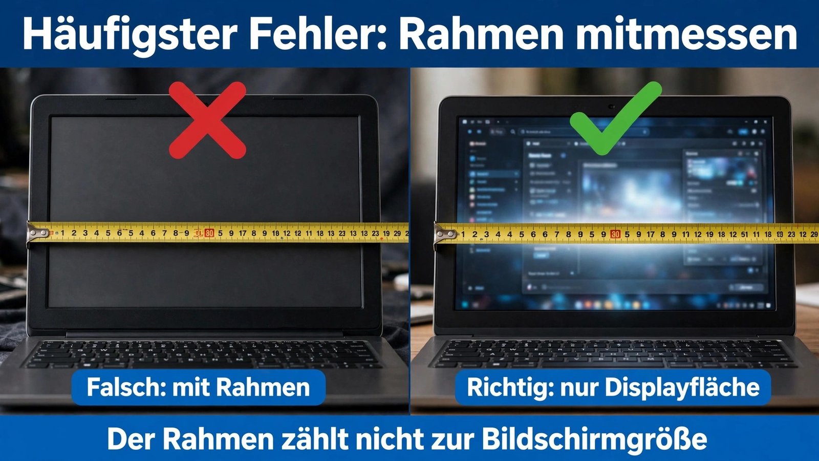 Fehler beim Laptop Bildschirmgröße messen: Rahmen mitmessen ist falsch, nur die Displayfläche zählt