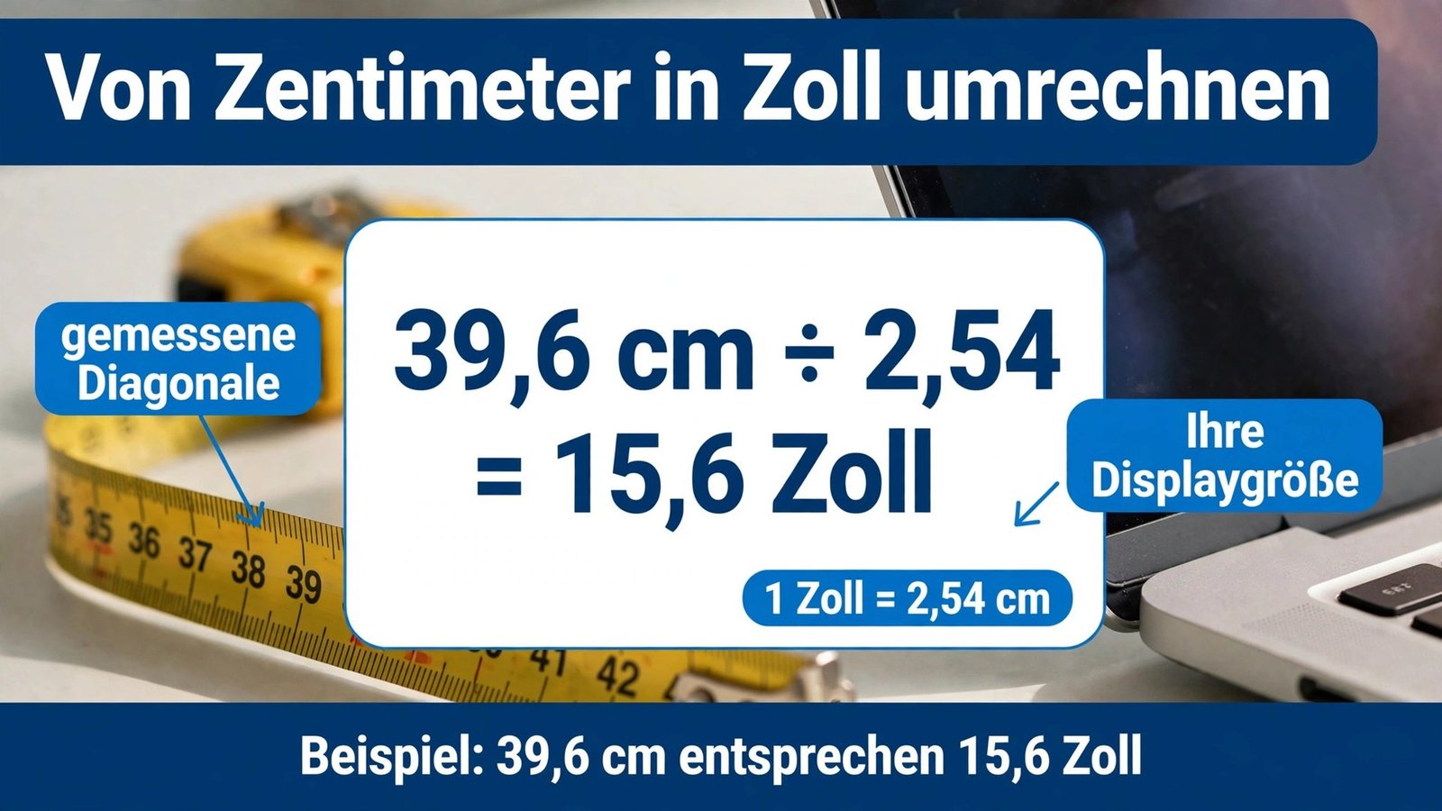 Laptop Bildschirmgröße umrechnen: 39,6 cm geteilt durch 2,54 ergibt 15,6 Zoll
