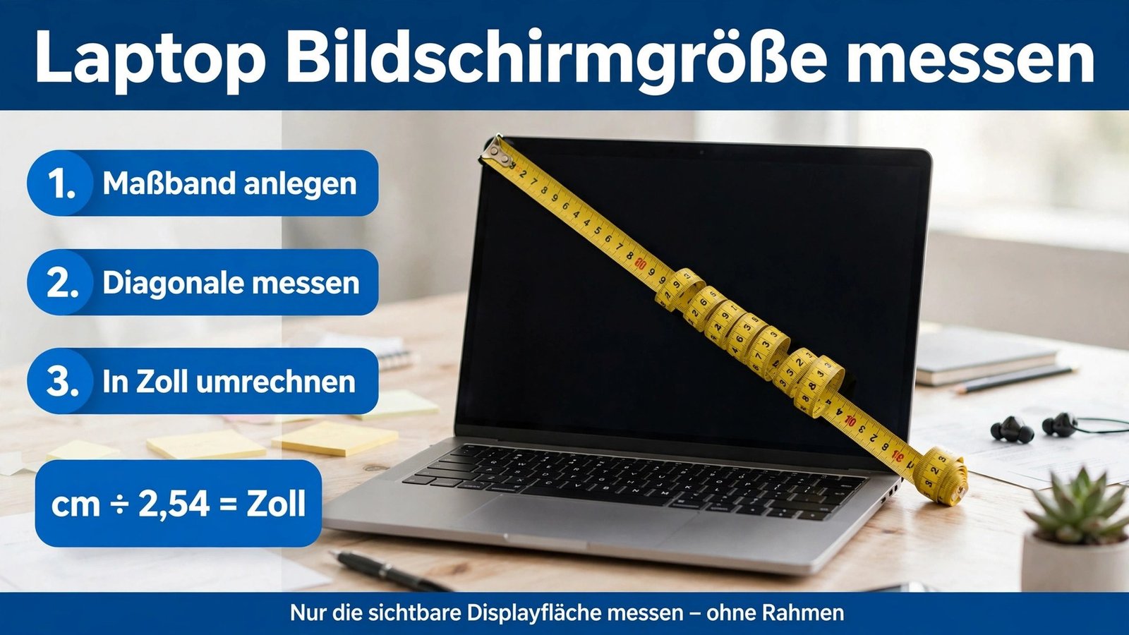 Laptop Bildschirmgröße messen: Maßband diagonal anlegen, Diagonale messen, in Zoll umrechnen