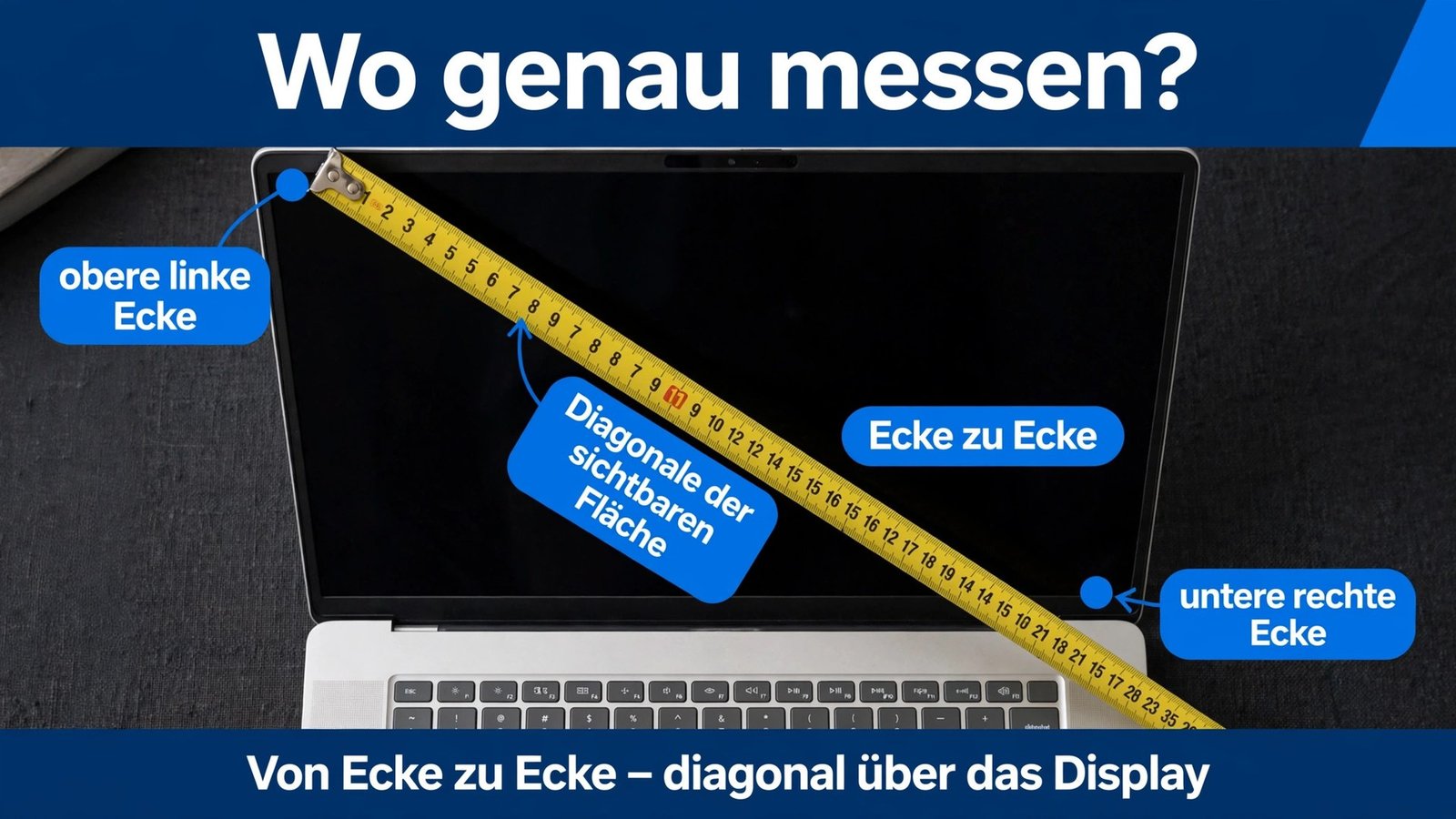Laptop Displaygröße messen: Diagonale von der oberen linken bis zur unteren rechten Ecke der sichtbaren Fläche