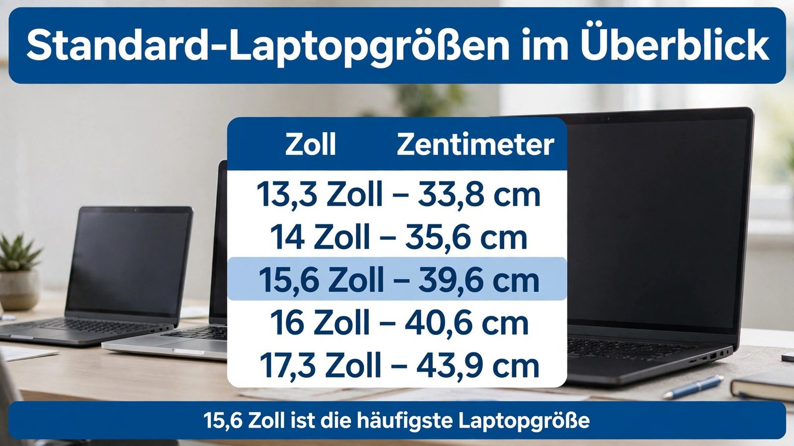Standardgrößen Laptop Display: 13,3 Zoll 33,8 cm, 14 Zoll 35,6 cm, 15,6 Zoll 39,6 cm, 16 Zoll 40,6 cm, 17,3 Zoll 43,9 cm
