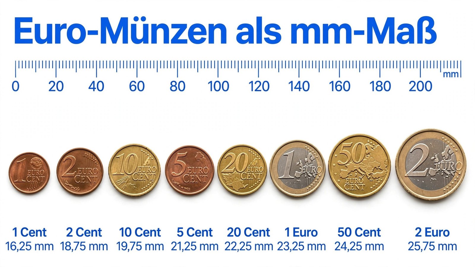 Alle 8 Euro-Münzen mit exaktem Durchmesser in Millimetern als Referenz zum Messen ohne Lineal