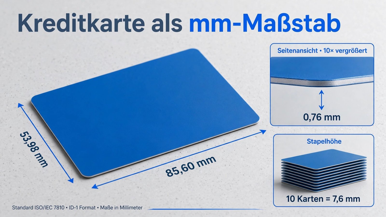 Kreditkarte mit Maßangaben 85,60 × 53,98 mm und 0,76 mm Dicke zum Millimeter messen ohne Lineal