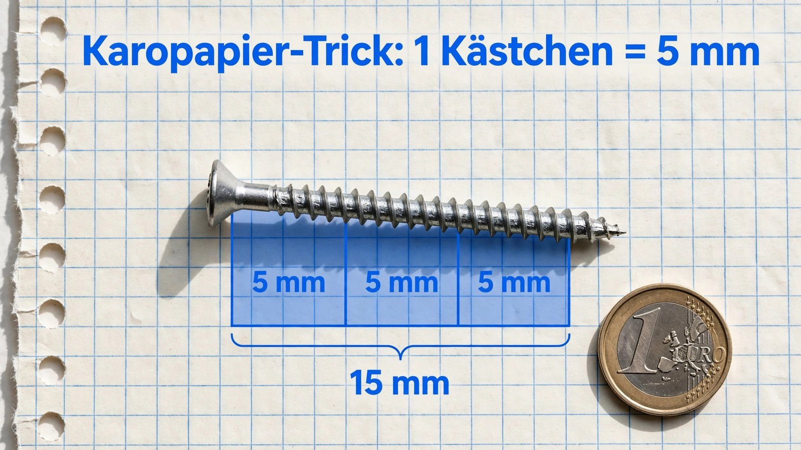 Schraube auf Karopapier mit 5-mm-Raster zum Abzählen von Millimetern ohne Lineal